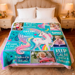 Pastel unicorn graphic throw blanket spread smoothly across a bedroom mattress with pillows.