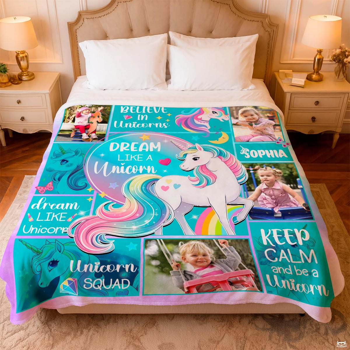 Pastel unicorn graphic throw blanket spread smoothly across a bedroom mattress with pillows.