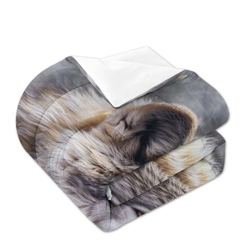 Folded bedding detail with printed wolf ear and fur beside white reverse