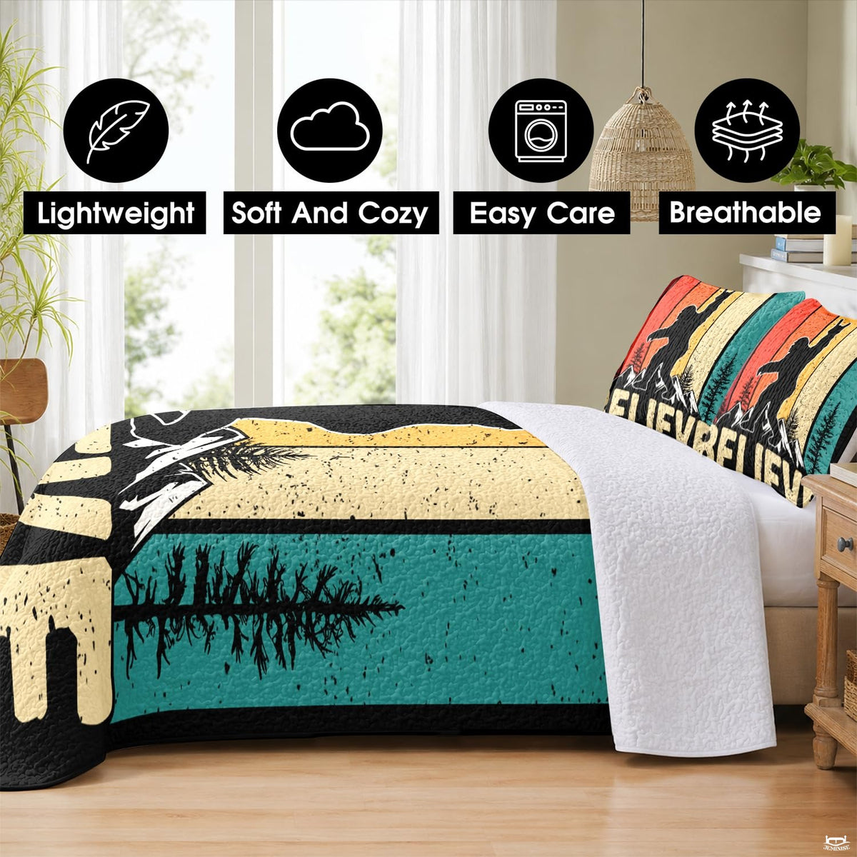 Detailed visual of retro striped sunset colors and alpine tree silhouettes on bedding.