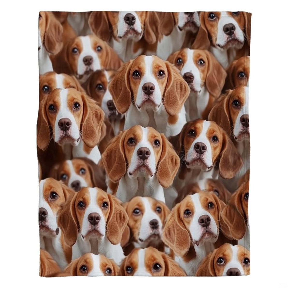 Artistic repeating hound face arrangement showcasing photorealistic Beagle features on bedding.