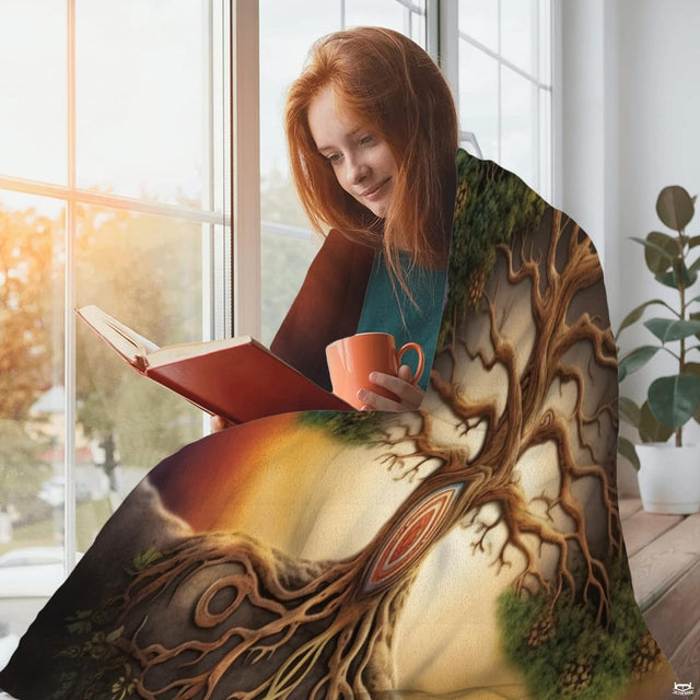 Woman holding open cosmic Tree of Life throw blanket showing colorful floral canopy and roots