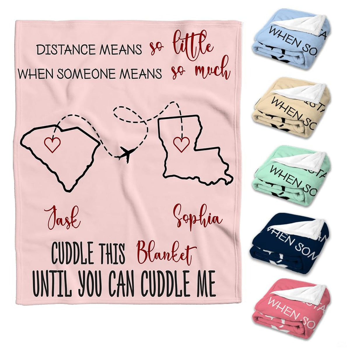 Long distance state to state love map couples blanket showing flight path between states view 1