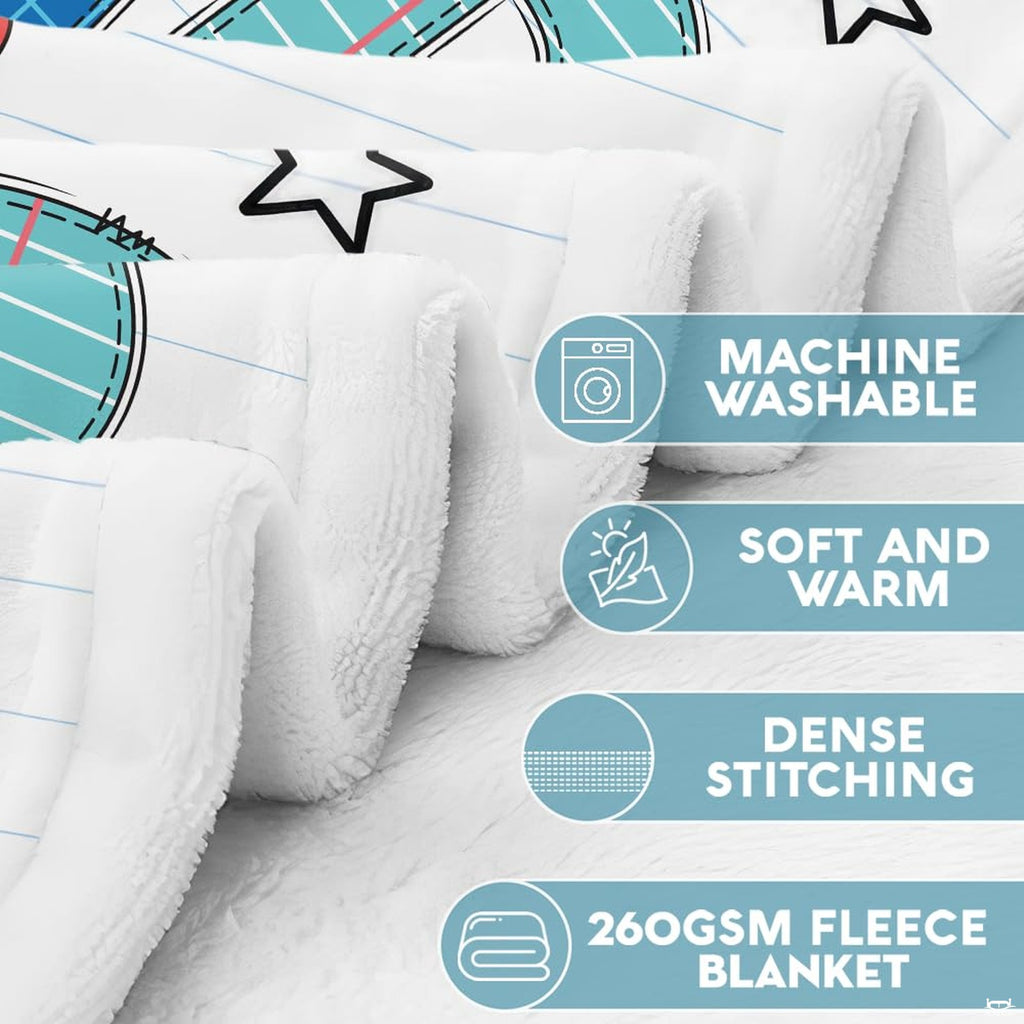 Complete bed styling showcasing upbeat school theme bedding set with matching decorative pillows.
