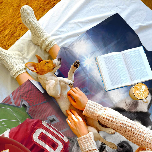 Bedding featuring Siberian husky in red jersey ten holding a brown football on stadium turf.