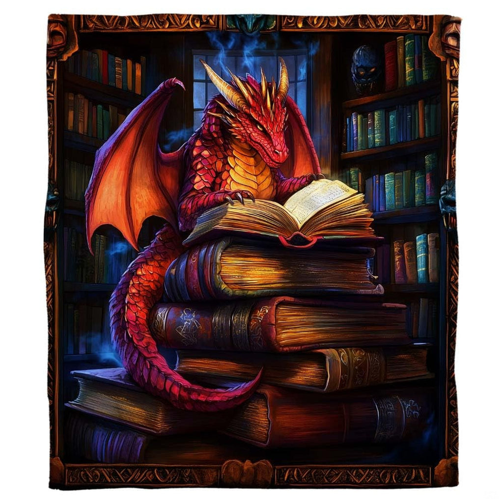 Full flat overhead view showing the complete red dragon reading in ancient library composition.