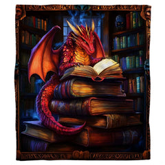 Full flat overhead view showing the complete red dragon reading in ancient library composition.