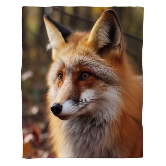 Woman holding open red fox portrait wildlife throw blanket in modern living room