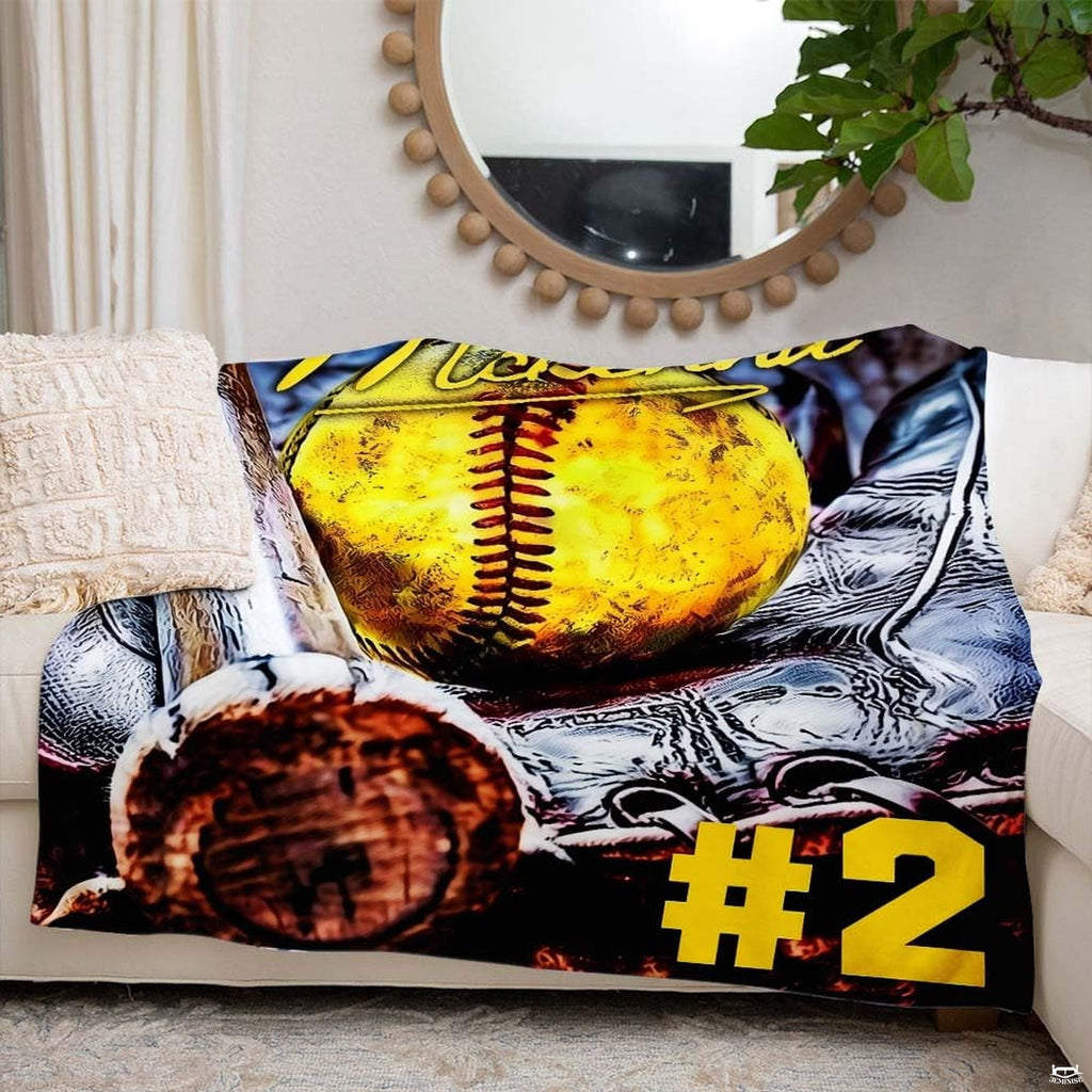 Softball tournament theme print displayed in modern sports bedroom interior.