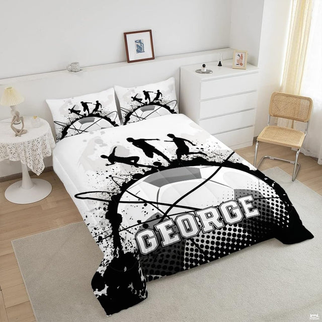 Close-up view of soccer bedding showcasing athletic cleats, soccer ball graphics, and white contrast
