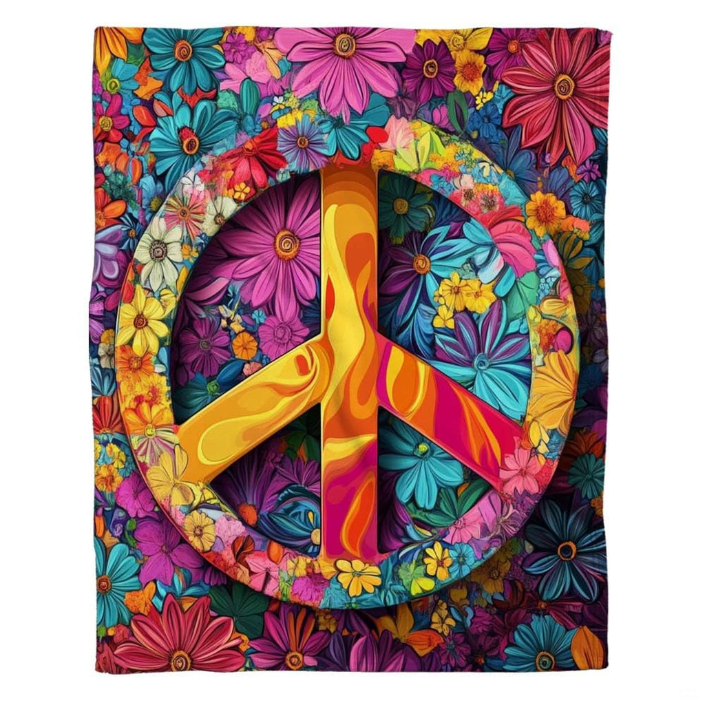 Flat graphic view of the vibrant boho peace sign throw blanket encircled by a blooming floral wreath and blossoms