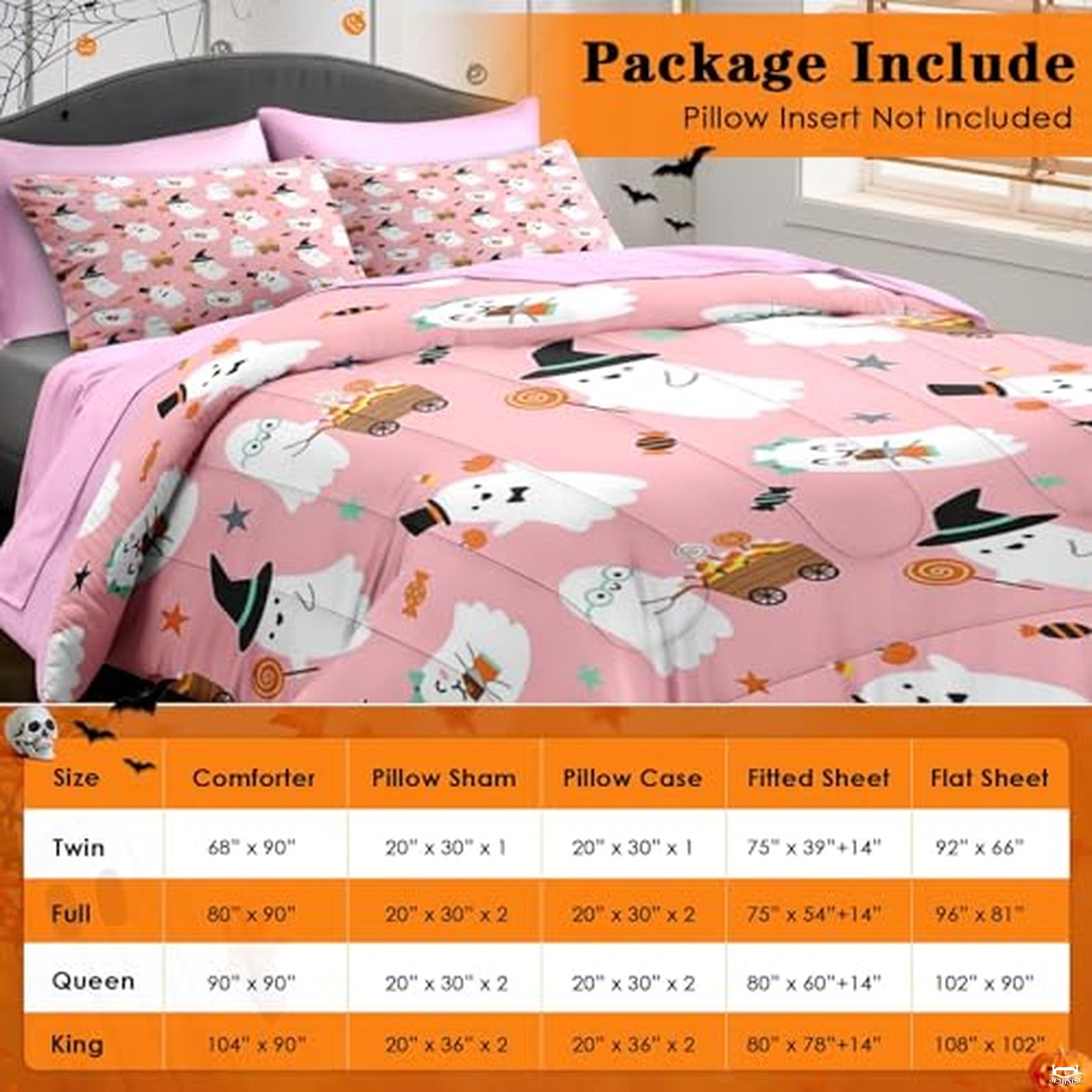 Pamnest Twin Halloween Comforter Set with Sheets, 5 Pieces Pink Bedding