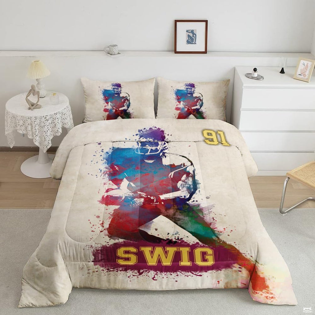 Indigo violet footballer silhouette sports bedding featuring an athletic soccer player in motion on a bed