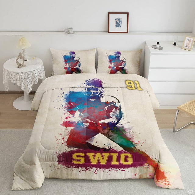 Indigo violet footballer silhouette sports bedding featuring an athletic soccer player in motion on a bed