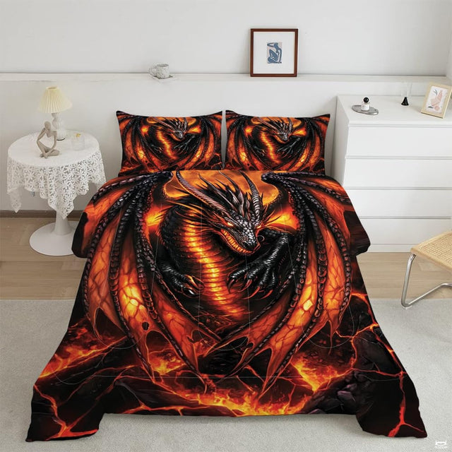 Overhead bedroom view of fantasy bedding featuring black dragon with glowing molten ember wings on lava bedrock.