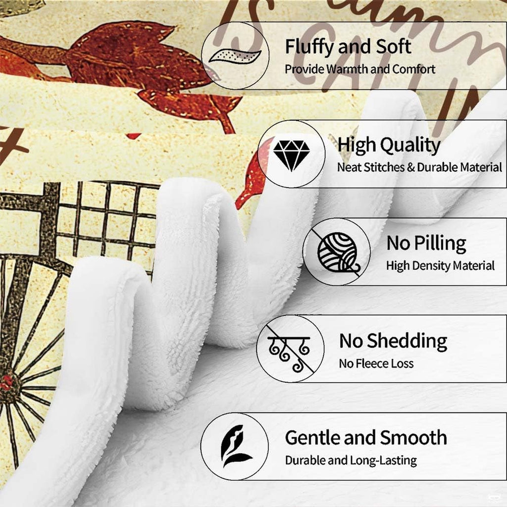 Autumn harvest bicycle throw blanket view 7 highlighting countryside artwork, pumpkins, and rustic border