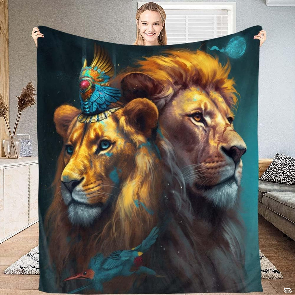 Twin guardian lions tribal crown throw blanket showing two male lions with headdress