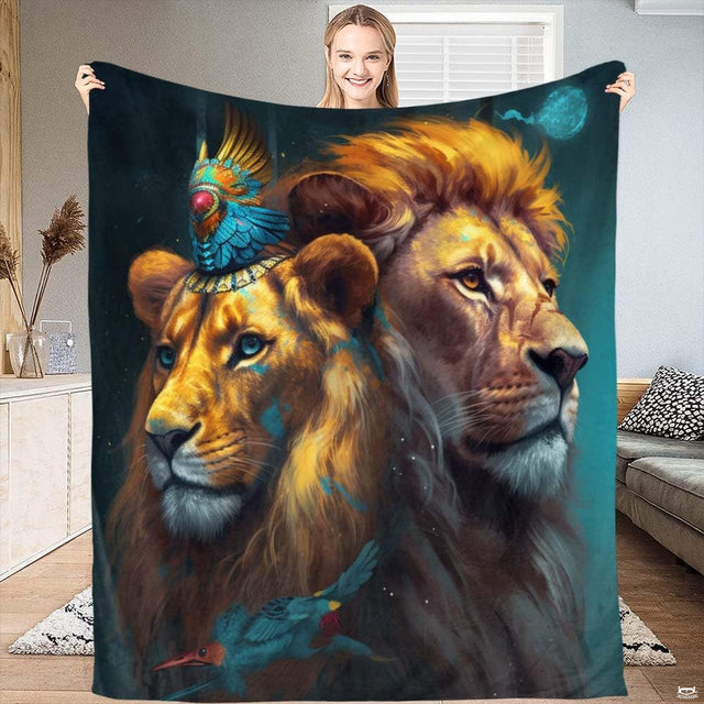 Twin guardian lions tribal crown throw blanket showing two male lions with headdress