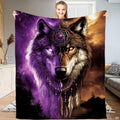Mystic dual tone wolf throw blanket featuring a split purple and golden wolf portrait with dreamcatcher.