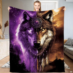 Mystic dual tone wolf throw blanket featuring a split purple and golden wolf portrait with dreamcatcher.