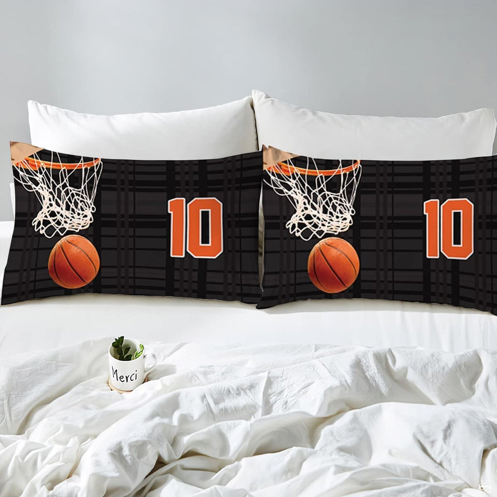 Folded corner view showing basketball orange and jet black court pattern on athletic bedding