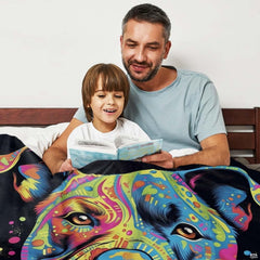 Colorful pitbull pop art throw blanket view 6 highlighting vivid neon pigments and home decor styling