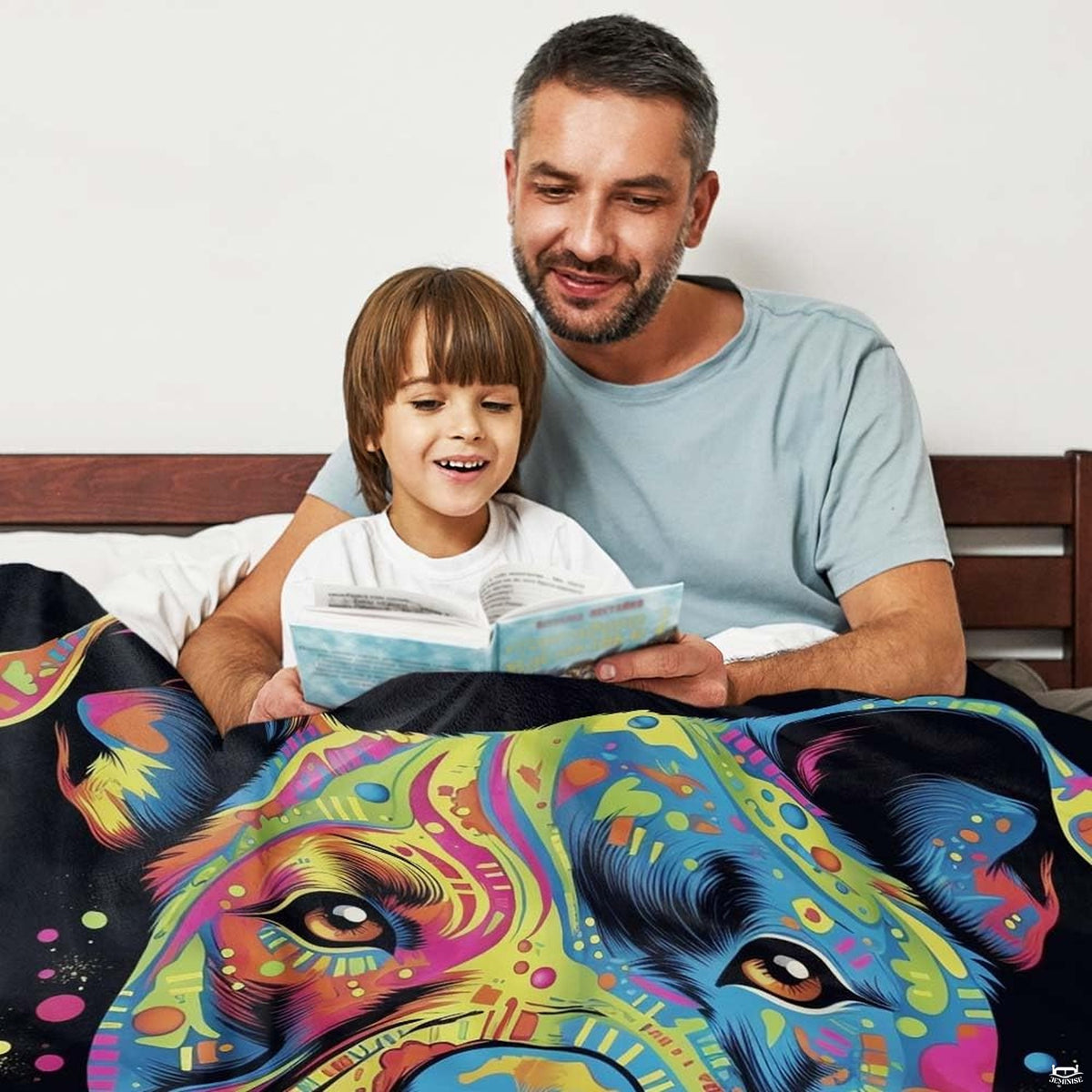 Colorful pitbull pop art throw blanket view 6 highlighting vivid neon pigments and home decor styling