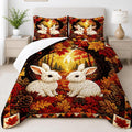 Autumn bedding set featuring two white bunnies surrounded by golden fall leaves, pinecones, and sunlit forest trees