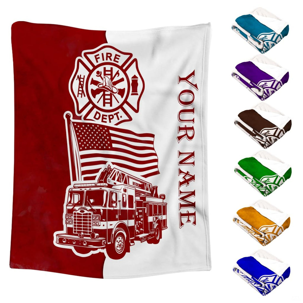 Firefighter fire truck throw blanket featuring waving American flag and Maltese cross on two-tone red and white field