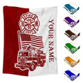 Firefighter fire truck throw blanket featuring waving American flag and Maltese cross on two-tone red and white field