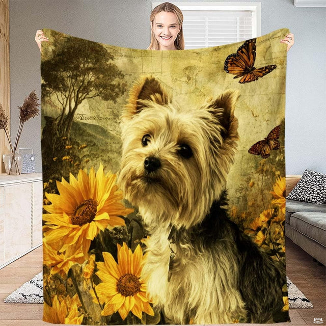 Yorkshire Terrier throw blanket featuring an attentive dog amidst bright yellow sunflowers and monarch butterflies