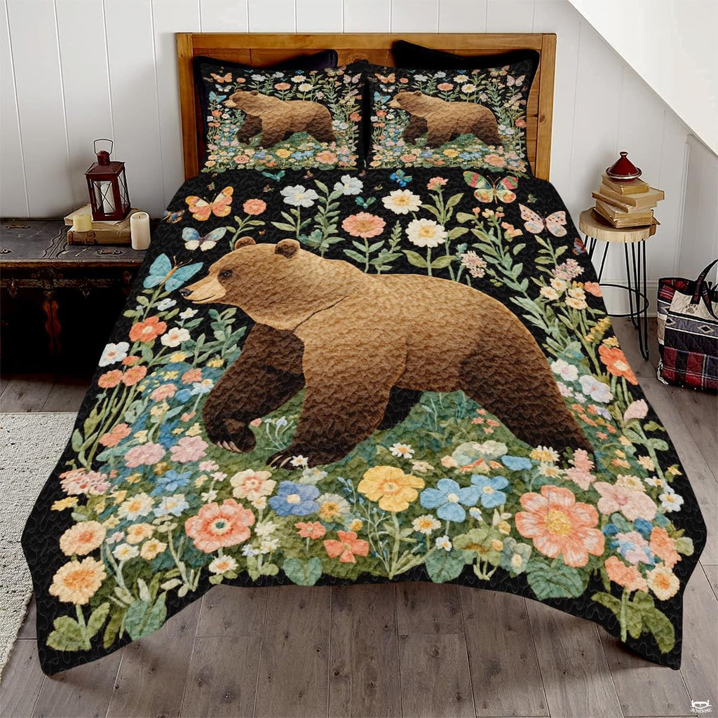 Wildflower meadow bear family woodland bedding set displayed on a bed in a rustic lodge bedroom