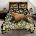 Wildflower meadow bear family woodland bedding set displayed on a bed in a rustic lodge bedroom
