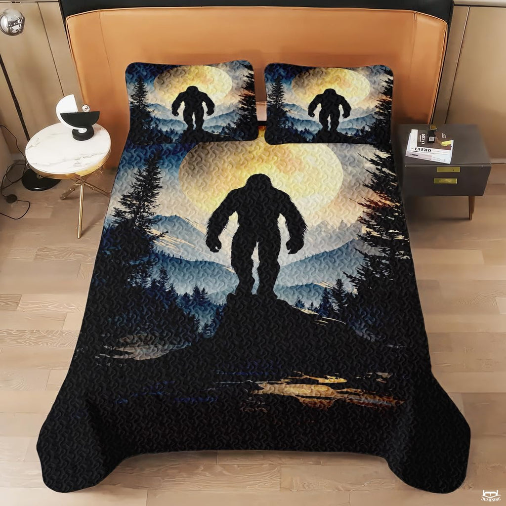 Personalized Bigfoot Moon Mountain Night Quilt Set, Machine Washable