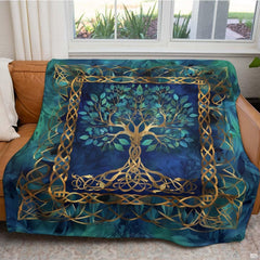Close-up perspective of the gilded botanical details and Celtic knot branches on the teal bedspread motif.