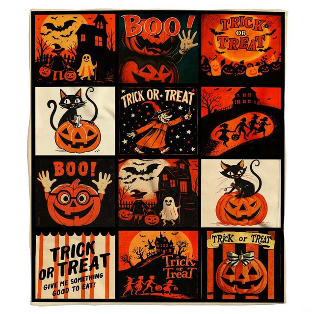 Vintage Halloween collage throw blanket with retro comic panels of black cats, pumpkins, and haunted houses