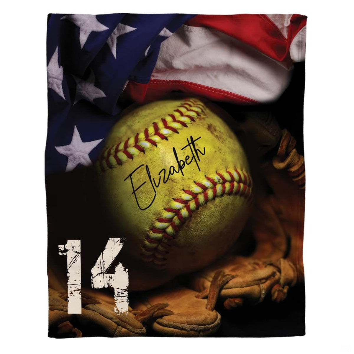 Softball blanket graphic featuring optic yellow softball in fielding glove under American flag