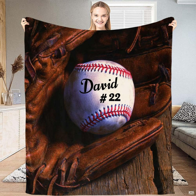Rustic wood baseball throw blanket view 2 highlighting fielding mitt, wood grain planks, and sports styling