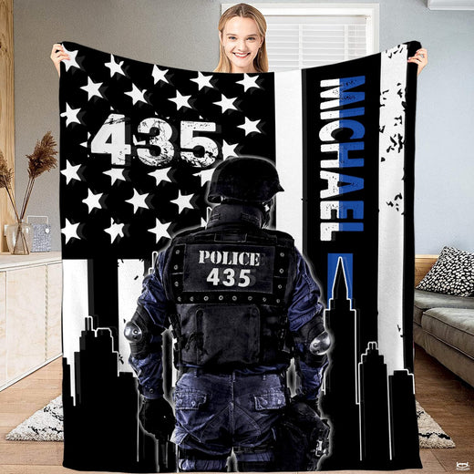 Police officer city skyline Thin Blue Line flag blanket held upright