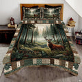Scenic country landscape bed set featuring a majestic woodland buck surrounded by evergreen pine trees.