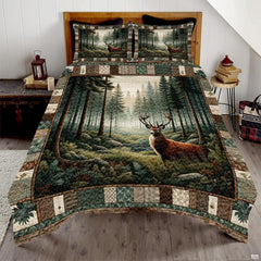 Scenic country landscape bed set featuring a majestic woodland buck surrounded by evergreen pine trees.