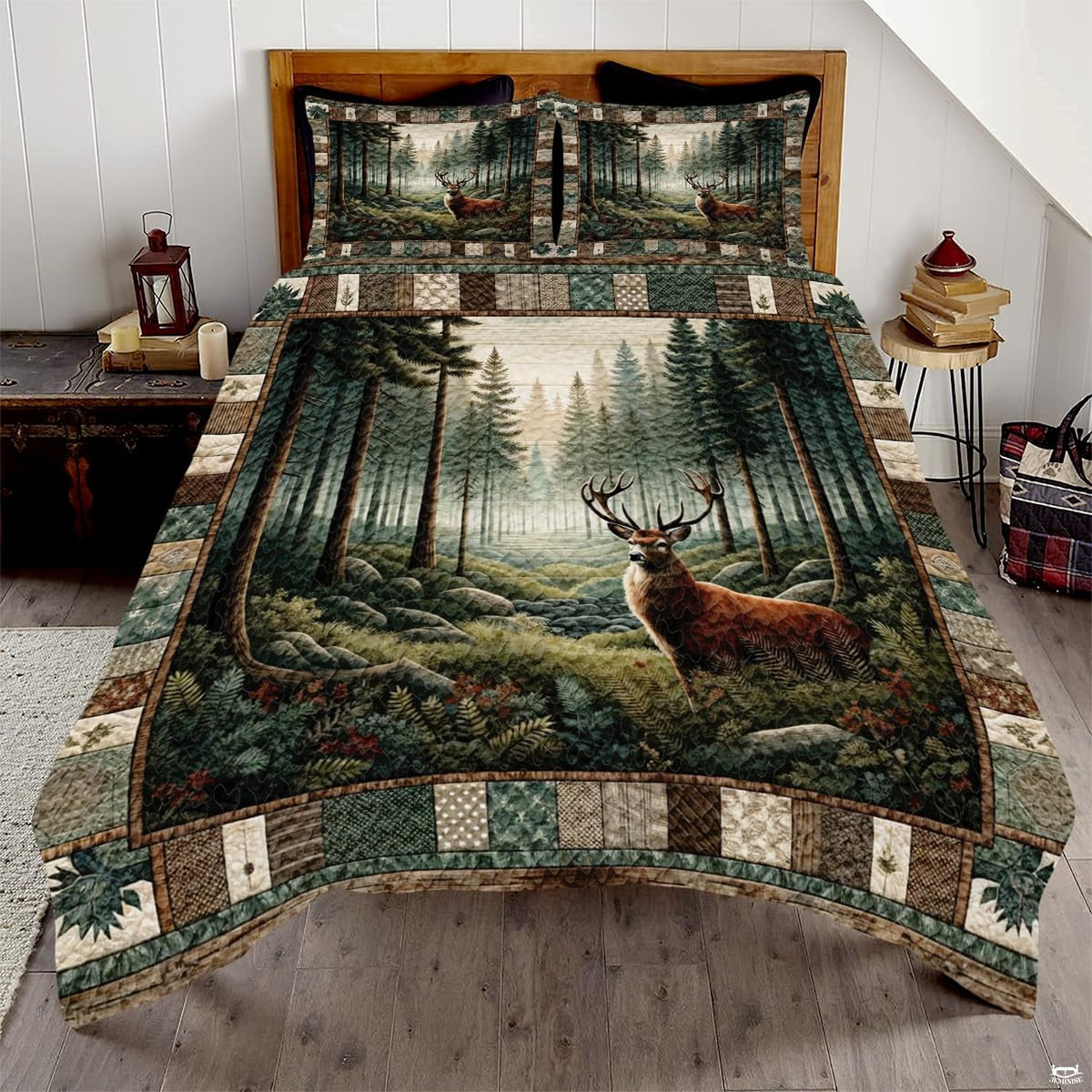 Scenic country landscape bed set featuring a majestic woodland buck surrounded by evergreen pine trees.