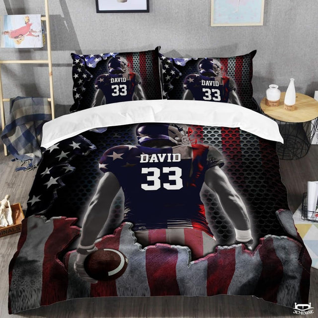 Custom Football Player with American Flag Background Comforter