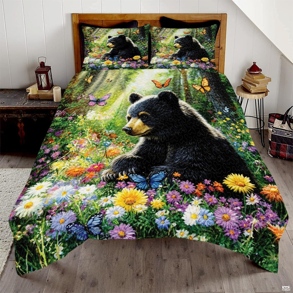 Sage moss bear family woodland bedding set displayed on a bed in a rustic nature bedroom