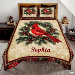 Christmas Cardinal Perched on Branch Within Wreath Patchwork Winter Quilt