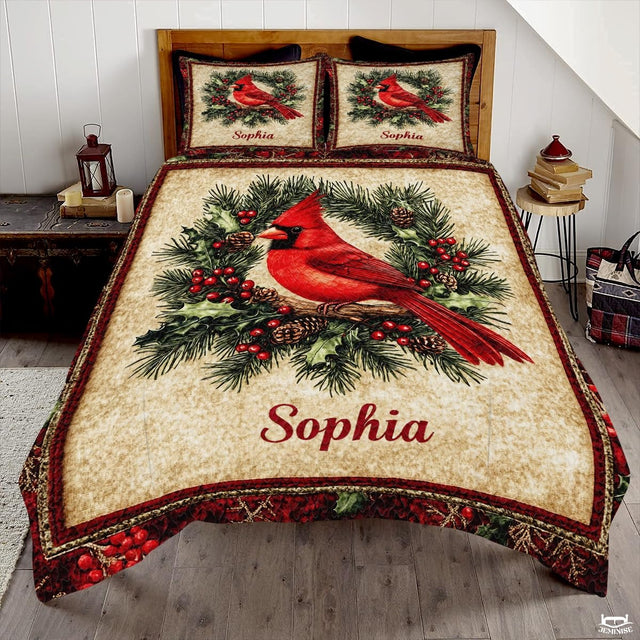 Christmas Cardinal Perched on Branch Within Wreath Patchwork Winter Quilt