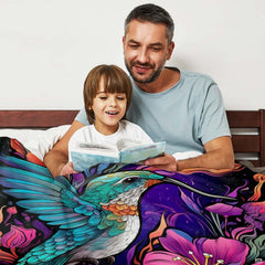 Close up illustration of rich coral and purple tropical flowers framing an avian nature decor theme.