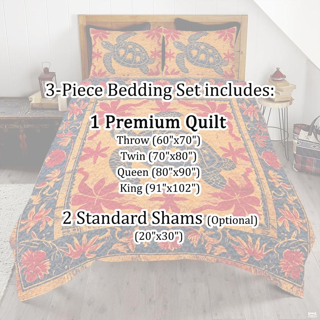 Full bedroom display of sunset amber sea turtle tribal bedding styled with coastal room decor