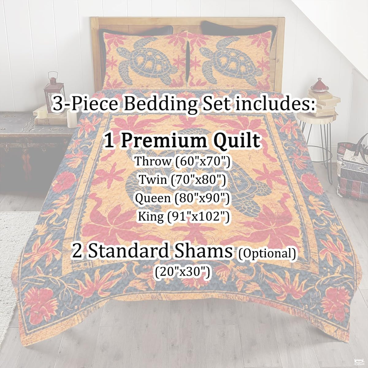Full bedroom display of sunset amber sea turtle tribal bedding styled with coastal room decor