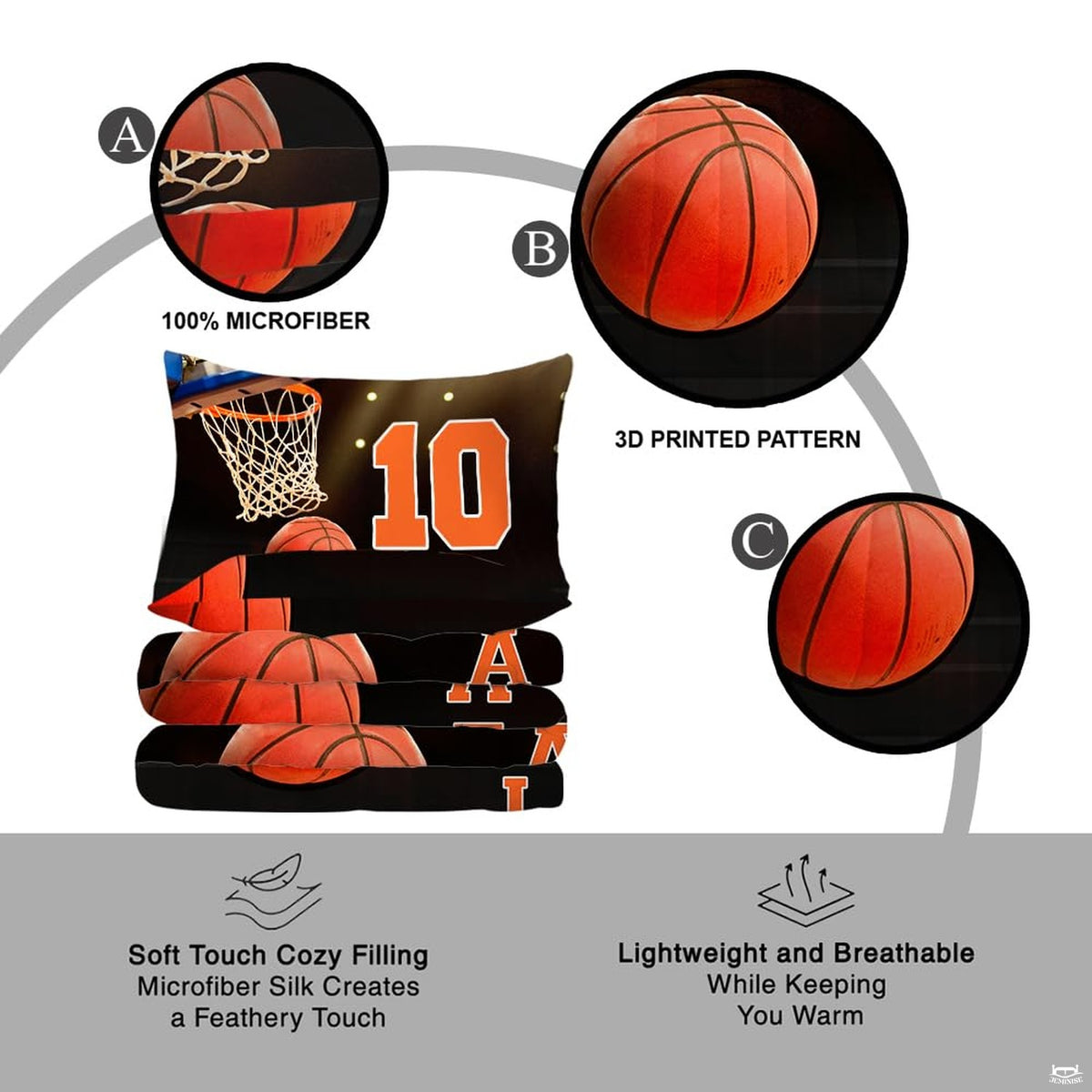 Overhead view of athletic basketball sports bedding spread across a contemporary bedroom bed setup